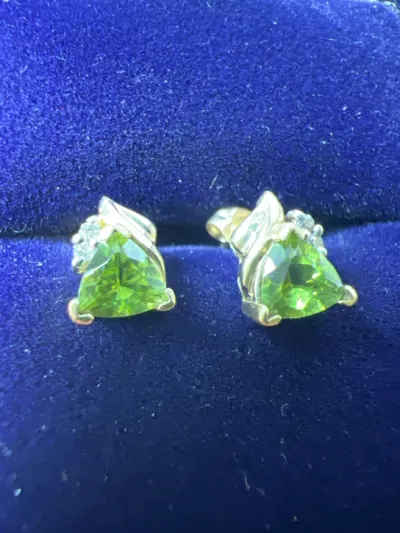 Green Stone Gold-Diamond & Stone Earrings 4 Diamonds .04 Carat T.W.